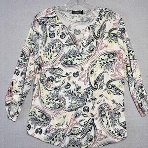 CURE. Shirt Womens Medium Multicolor Paisley V Neck Long Sleeve Stretch Top